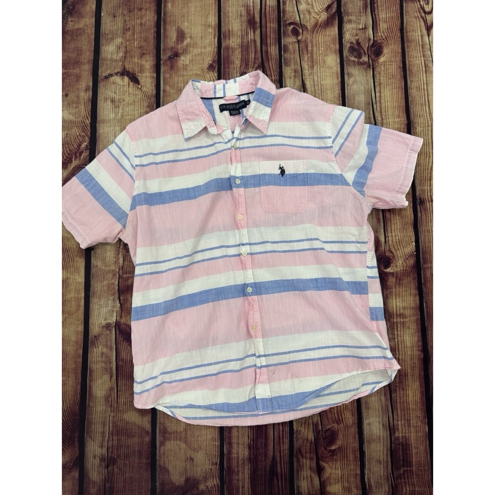 U.S. Polo Assn. Men's Pink/White/Blue Striped Woven Button-Down SS XL Reg